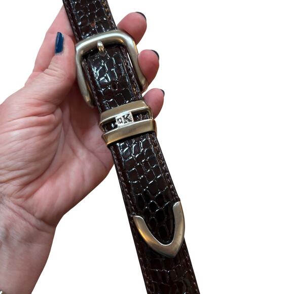 Calvin Klein belt textured brown patent finish silver hardware size L leather - Picture 3 of 6